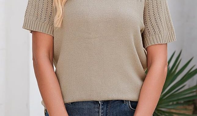 Dokotoo Womens Summer Tops Dressy Casual Crewneck Short Sleeve Shirts Solid Hollow Out Knit Loose Sweater Blouses