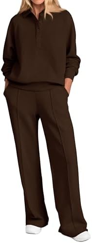 PRETTYGARDEN Women Fall 2 Piece Outfits Sweatsuits Quarter Button Long Sleeve Sweatshirt Wide Leg Pants Tracksuit Lounge Sets