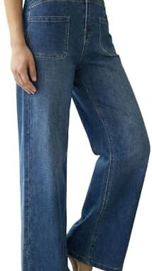 Arach&Cloz Womens Lyocell Cotton Denim Adjustable Waist Stretchy Spring Wide Leg Jeans