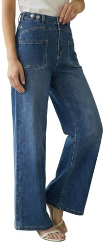 Arach&Cloz Womens Lyocell Cotton Denim Adjustable Waist Stretchy Spring Wide Leg Jeans